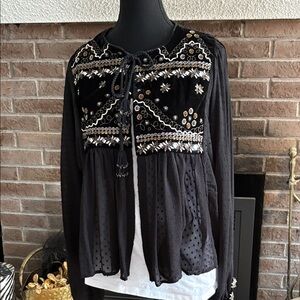 Zara Black Embroidered Tie-Front Tunic